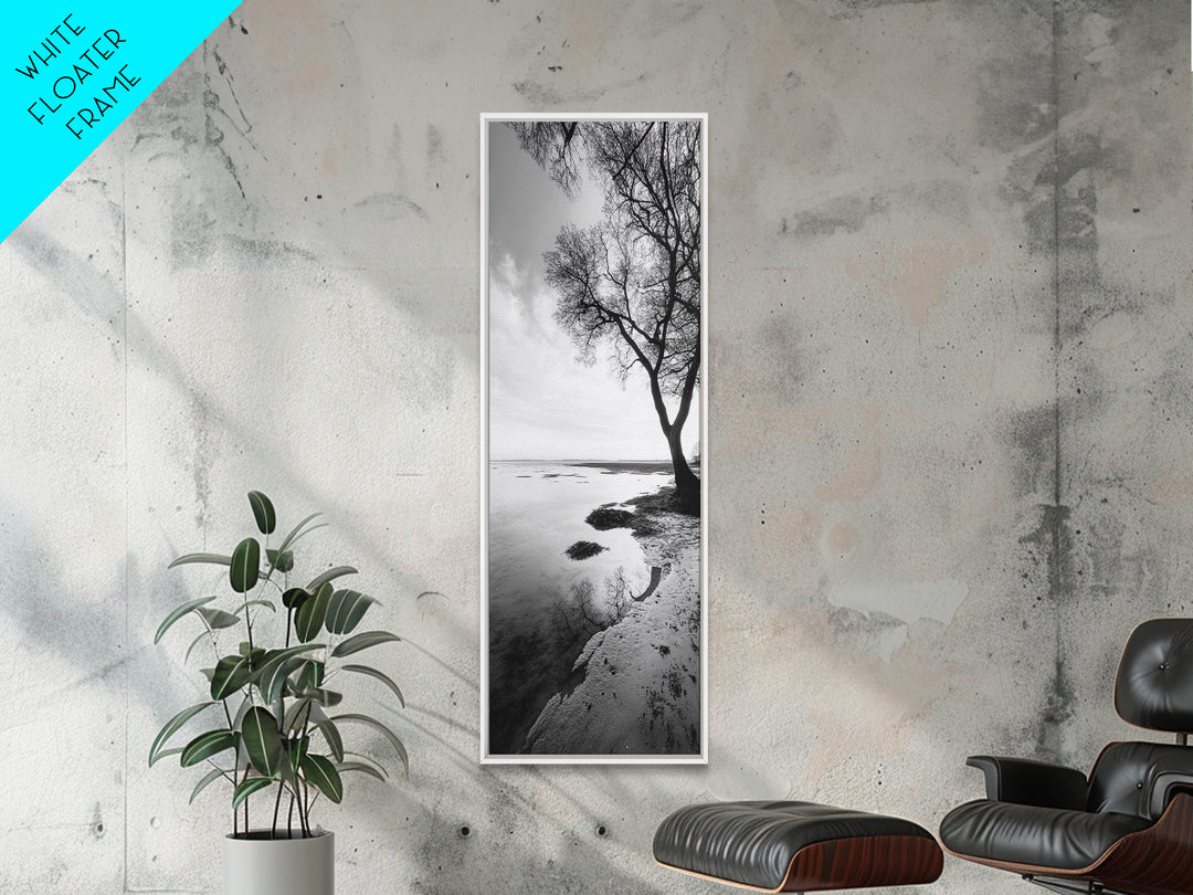 Bare Tree Reflection, Minimal Winter Shoreline, Calm Monochrome Art, Framed Canvas Print, Scandinavian Living Room Art, Bathroom Art