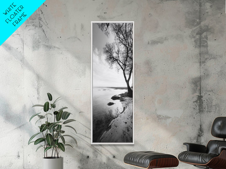 Bare Tree Reflection, Minimal Winter Shoreline, Calm Monochrome Art, Framed Canvas Print, Scandinavian Living Room Art, Bathroom Art