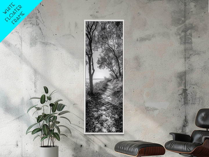 Lakeside Pathway Scene, Forest Walk Tranquility, Coastal Trail Mood, Framed Canvas Print, Nature-Lover Bedroom Wall Art, Cabin Wall Art