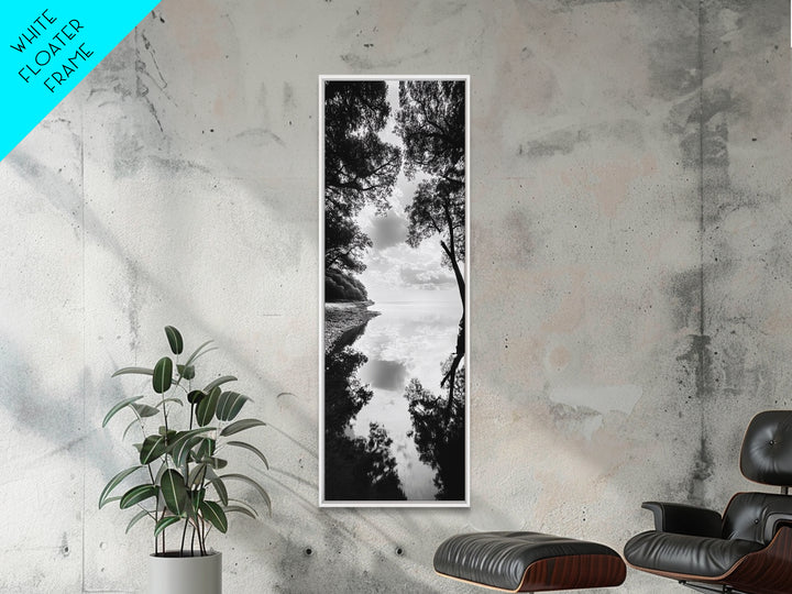 Misty Lake, Nature Reflection, Tranquil Waters, Monochrome Trees, Framed Canvas Print, Minimalist Wall Art, Bathroom or Hallway Decor