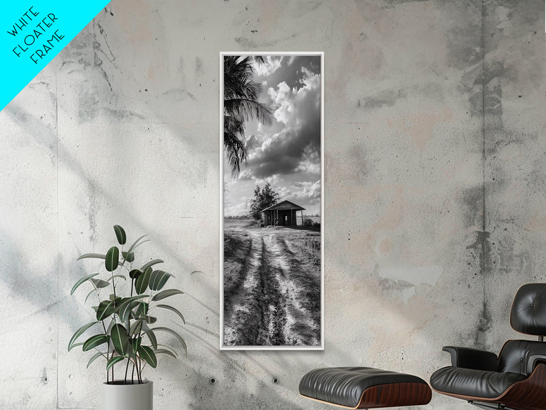 Rustic Cabin, Countryside Road, Farm Field, Palm Trees, Framed Canvas Print, Farmhouse Entryway Wall Art, Fall Landscape,  Den Wall Art