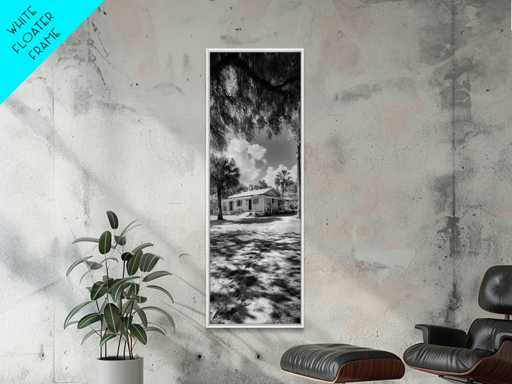 Tropical House, Palm Trees, Bright Sky, Southern Charm, Framed Canvas Print, Living Room Wall Art, Modern Beach House Decor
