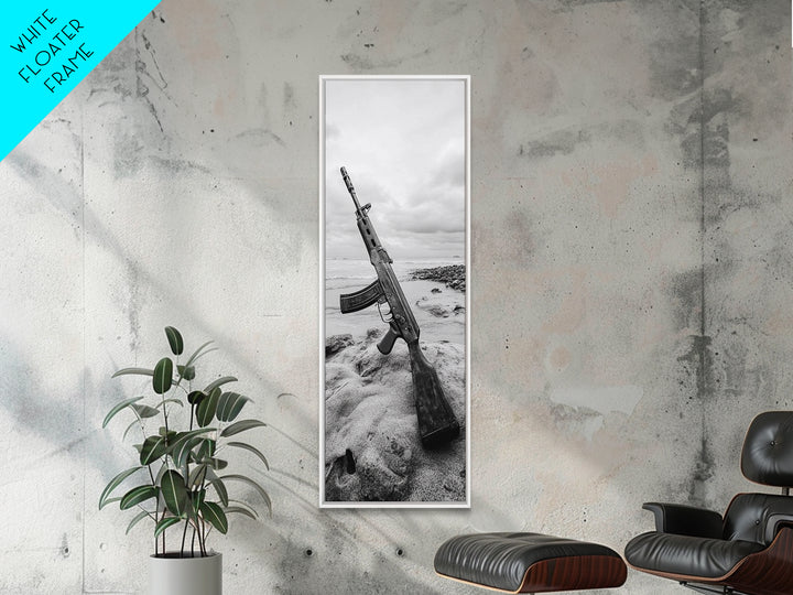 War Relic, AK Rifle, Surreal Beach Scene, Framed Canvas Print, Bold Statement Art, Bachelor Pad or Office Decor, Rustic Industrial Style