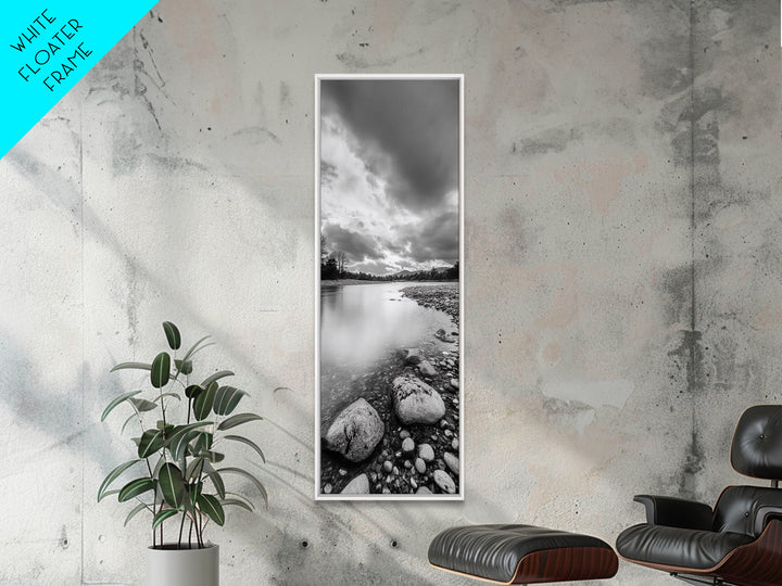 Rocky River, Serene Stream, Nature Calm, Monochrome Landscape, Framed Canvas Print Rustic Wall Decor, Modern Bathroom Art, Minimalist Style