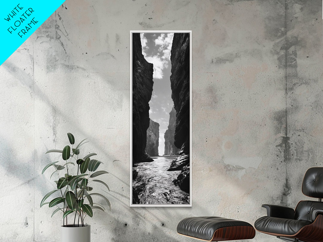 Coastal Canyon, Ocean Passage, Black White Art, Vertical Nature Scene, Framed Canvas Print Entryway Wall Art, Landscape Minimalist Decor