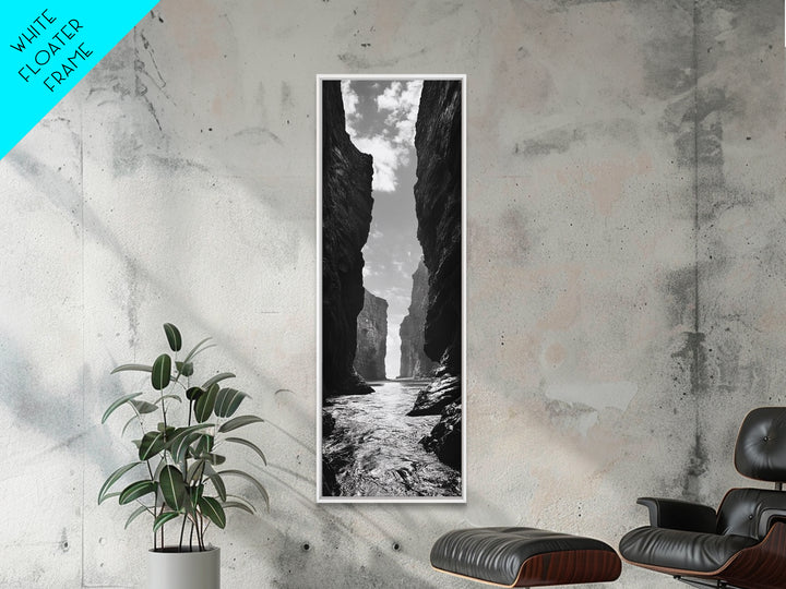 Coastal Canyon, Ocean Passage, Black White Art, Vertical Nature Scene, Framed Canvas Print Entryway Wall Art, Landscape Minimalist Decor