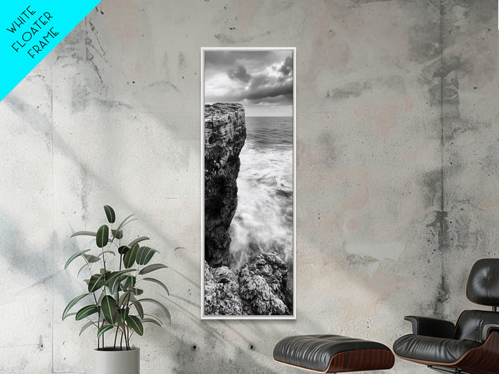 Cliffside Ocean, Storm Waves, Dramatic Coast, Monochrome Rocks, Framed Canvas Print Bathroom Wall Art, Minimalist Nautical Style, Coastal Decor