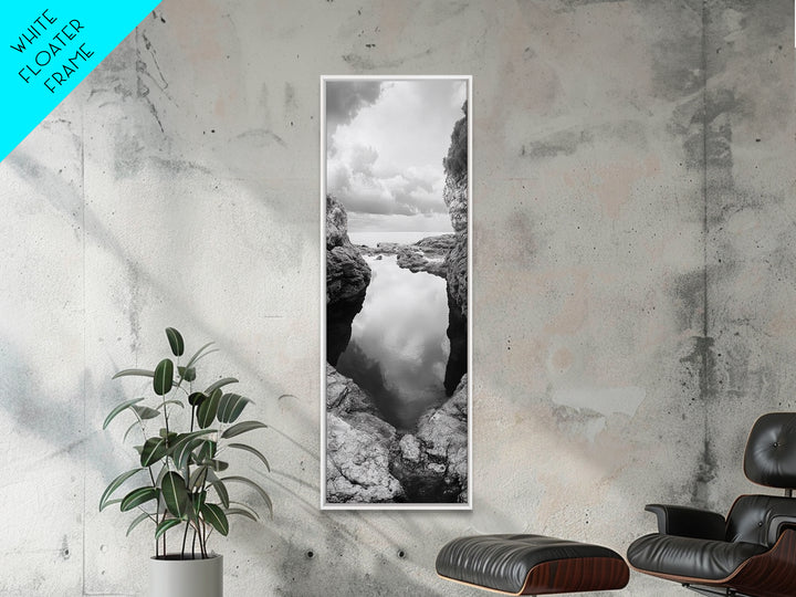 Tide Pool, Coastal Reflection, Tranquil Cove, Cloudy Sky, Framed Canvas Print Zen Bathroom Art, Minimalist Nature Wall Decor, Neutral Modern Style
