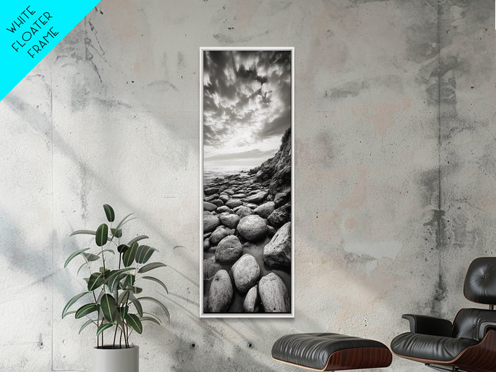 Coastal Stones, Rocky Shore, Sunrise Ocean, Black White Print, Framed Canvas Print Beach House Decor, Entryway Art, Nautical Minimalist Wall Art