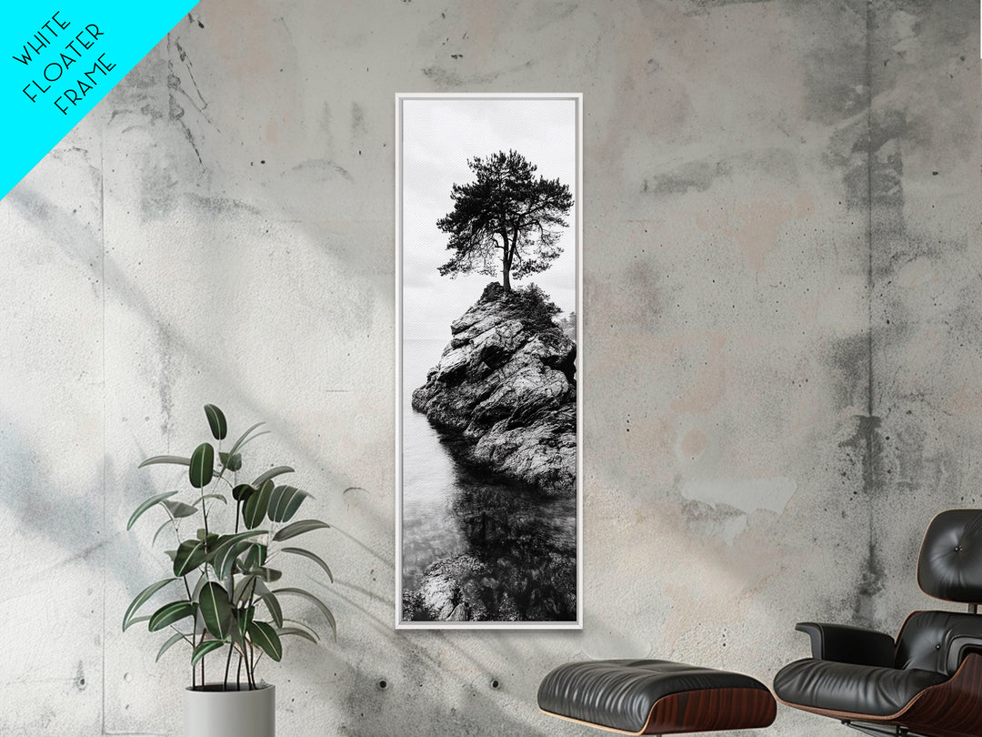 Lone Tree, Rock Island, Tranquil Coast, Nature Strength, Framed Canvas Print Cabin Wall Art, Minimalist Tree Print, Nordic Nature Living Room Decor