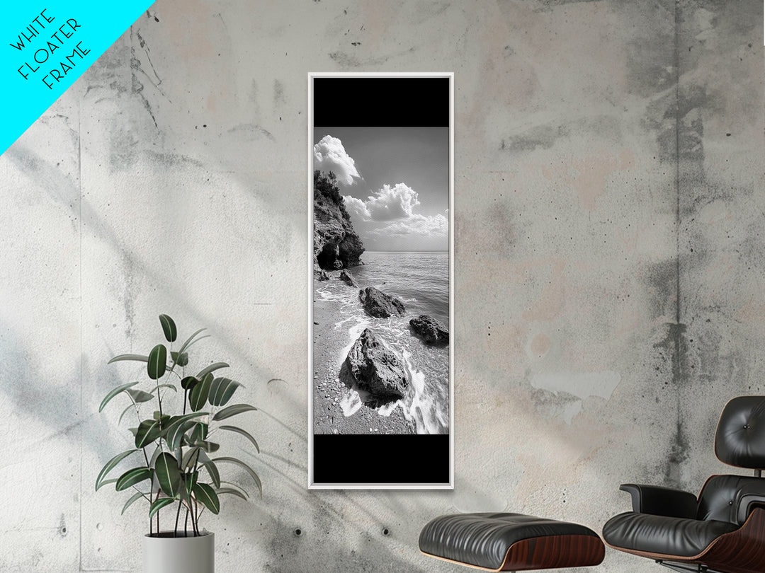Rocky Beach, Calm Water, Summer Shore, Black White Coastal View, Framed Canvas Print Beach Wall Art, Nature Decor, Coastal Bathroom Style
