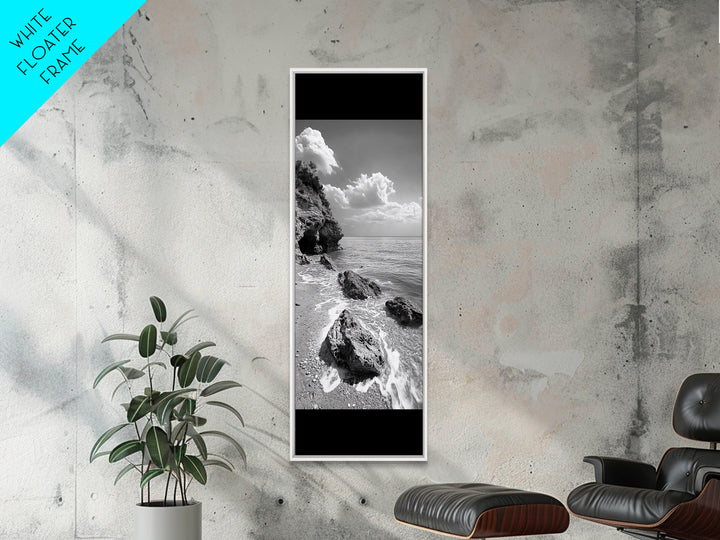 Rocky Beach, Calm Water, Summer Shore, Black White Coastal View, Framed Canvas Print Beach Wall Art, Nature Decor, Coastal Bathroom Style