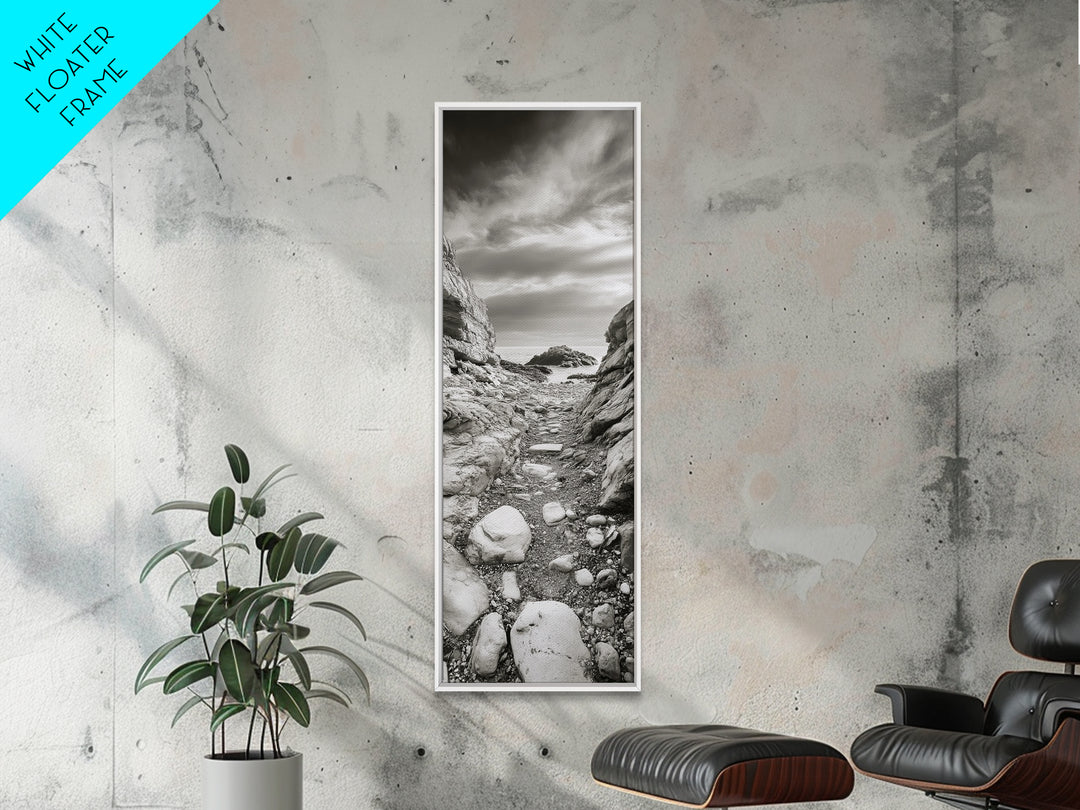 Rocky Coast Path, Serene Ocean View, Minimalist Nature, Framed Canvas Print, Neutral Tones, Beach Art, Hallway Wall Decor, Coastal Home Vibe