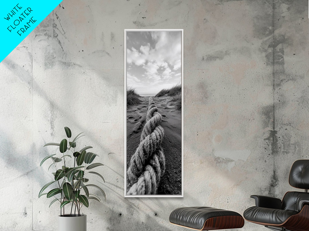 Rope in Sand, Beach Path Perspective, Coastal Journey, Framed Canvas Print, Bathroom Wall Art, Seaside Style, Minimalist Nautical Scene