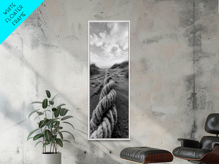 Rope in Sand, Beach Path Perspective, Coastal Journey, Framed Canvas Print, Bathroom Wall Art, Seaside Style, Minimalist Nautical Scene