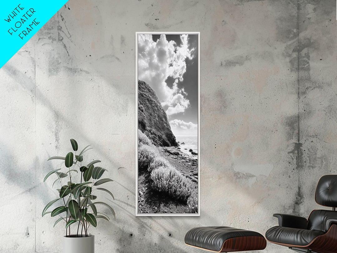 Coastal Shrubs, Rocky Beach, Sunlit Cliffside, Framed Canvas Print, Kitchen Wall Art, Black and White Nature, Scandinavian Home Style