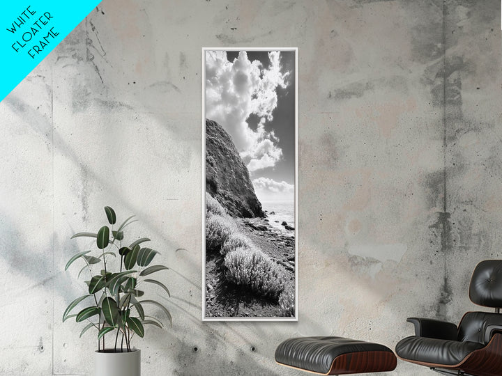 Coastal Shrubs, Rocky Beach, Sunlit Cliffside, Framed Canvas Print, Kitchen Wall Art, Black and White Nature, Scandinavian Home Style