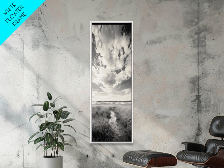 Marshland Pathway, Coastal Grassland Art, Nature Wall Decor, Calm Landscape Style, Framed Canvas Print, Neutral Tones Minimalist