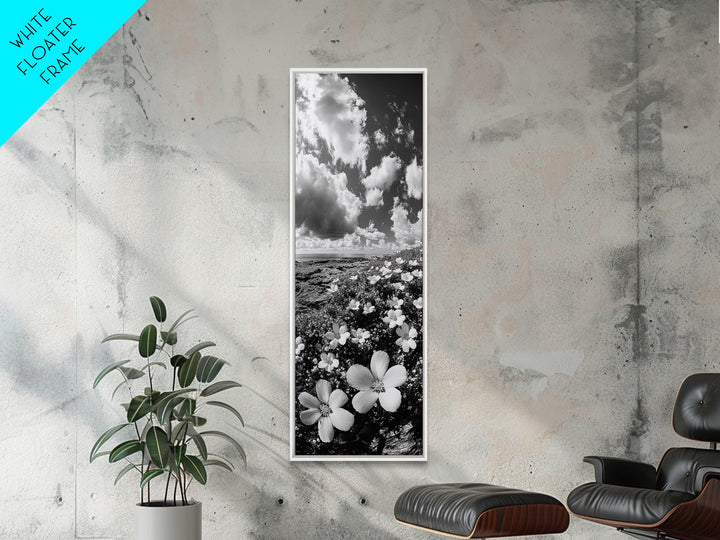 Ocean Flowers Art, Coastal Wildflower Print, Nature Boho Aesthetic, Beach House Wall Style, Framed Canvas Print, Moody Seaside Decor