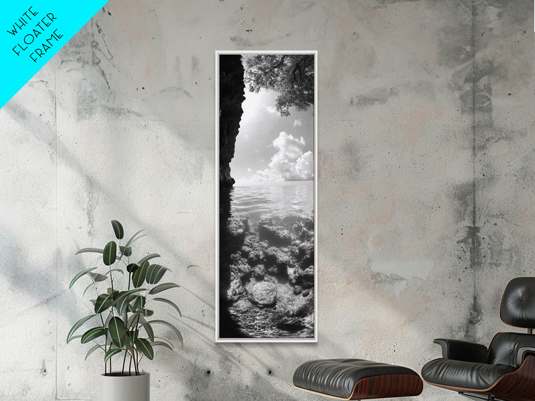 Ocean Cave View, Coastal Water Art, Dreamy Nature Escape Print, Bathroom or Bedroom Decor, Framed Canvas Print, Tranquil Seascape