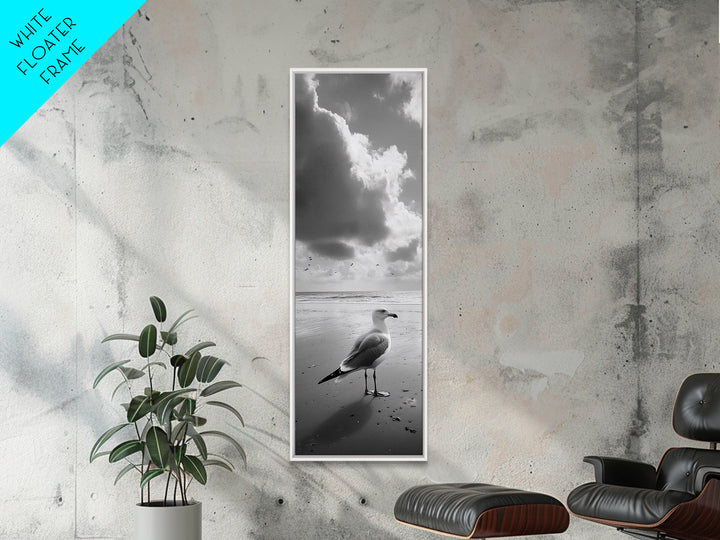 Seagull, Ocean Breeze, Beach Minimalism, Tranquil Shoreline, Seagull Photo Art, Coastal Framed Canvas Print, Bathroom Wall Decor