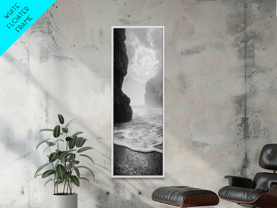 Coastal Rocks, Ocean Mist, Dreamy Seascape, Monochrome Coastline, Nature Photography Canvas Print, Moody Living Room Wall Art