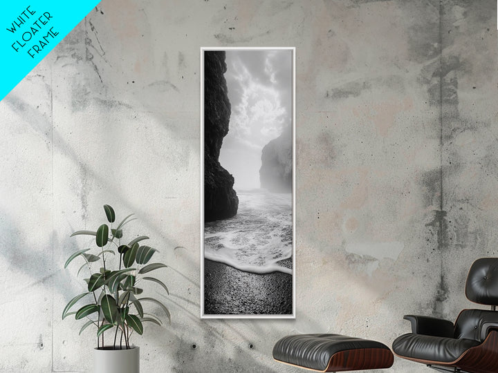 Coastal Rocks, Ocean Mist, Dreamy Seascape, Monochrome Coastline, Nature Photography Canvas Print, Moody Living Room Wall Art