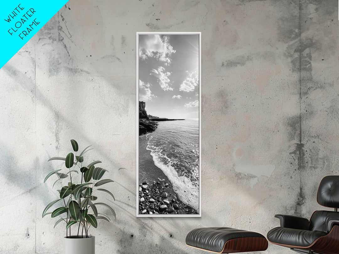 Coastal Shoreline, Pebble Beach, Ocean Breeze, Canvas Print, Bathroom Wall Art, Minimalist Decor, Black White Photography, Seaside Vibe