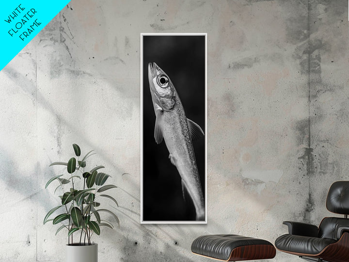Silver Fish, Minimal Animal, Ocean Catch, Framed Canvas Print, Kitchen Wall Art, Nature Inspired Decor, Monochrome Sea Life