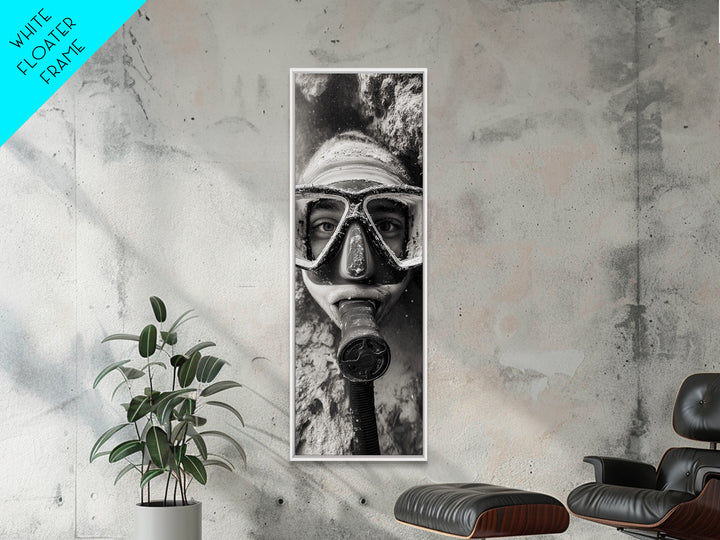 Diver Portrait, Underwater View, Close-Up Eyes, Canvas Print, Adventure Wall Art, Scuba Diving Decor, Unique Bathroom Art, Monochrome Style