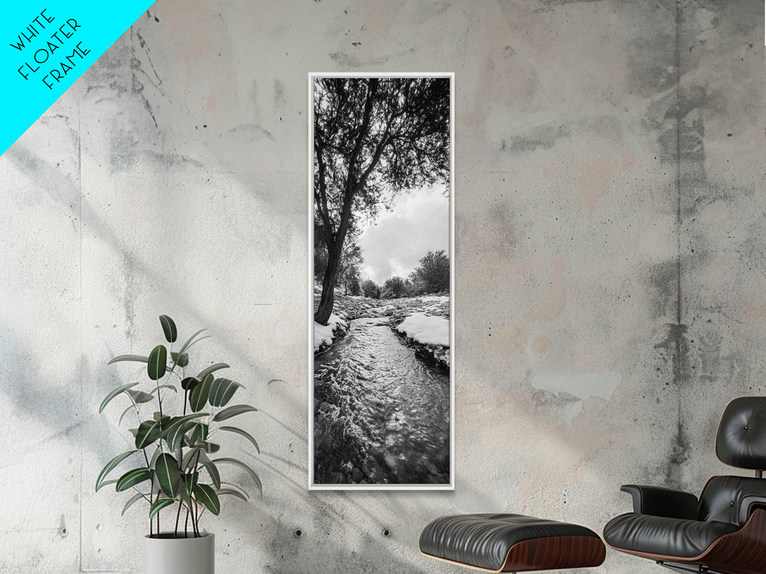 Peaceful Creek, Snow Trees, Winter Flow, Framed Canvas Print, Rustic Nature Art, Farmhouse Wall Decor, Serene Entryway Accent, Bedroom Decor