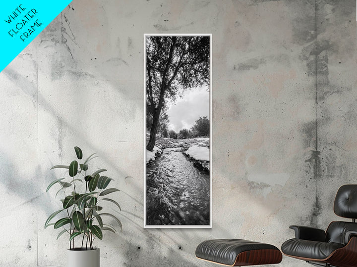 Peaceful Creek, Snow Trees, Winter Flow, Framed Canvas Print, Rustic Nature Art, Farmhouse Wall Decor, Serene Entryway Accent, Bedroom Decor