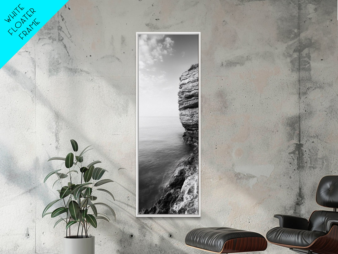 Cliffside Calm, Ocean View, Rock Texture, Seaside Stillness Framed Canvas Print, Modern Office Wall Art, Coastal Minimalist Decor