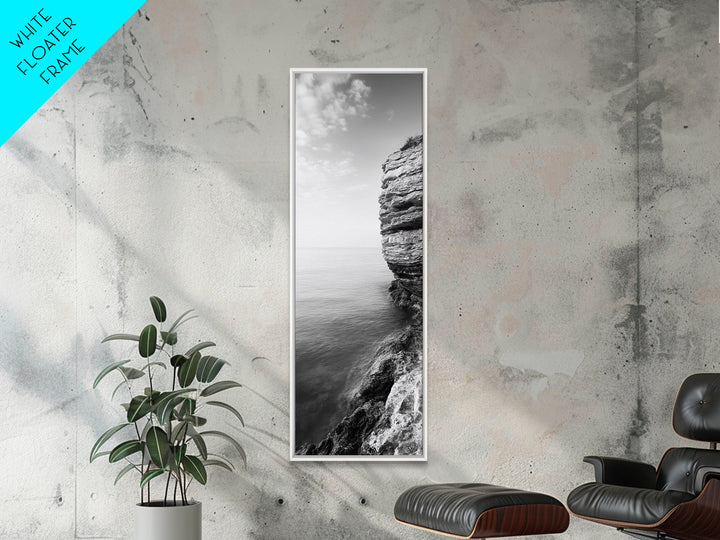 Cliffside Calm, Ocean View, Rock Texture, Seaside Stillness Framed Canvas Print, Modern Office Wall Art, Coastal Minimalist Decor
