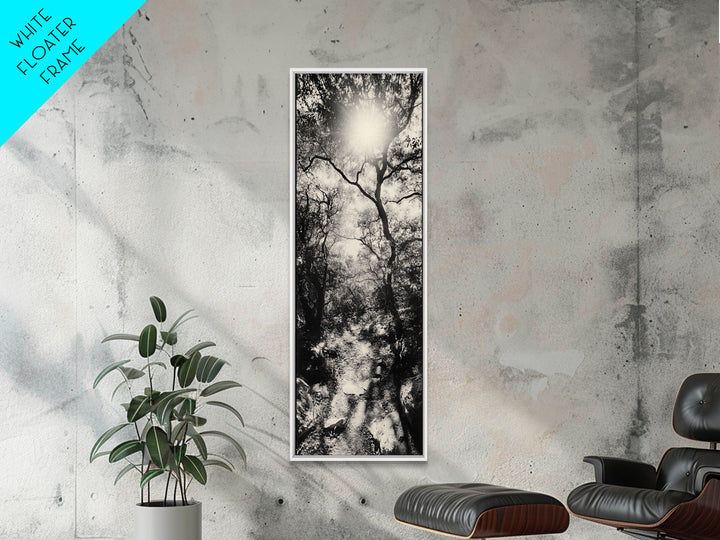 Forest Path, Sunburst Trees, Woodland Trail, Nature Light Framed Canvas Print, Boho Entryway Wall Art, Autumn Rustic Home Decor