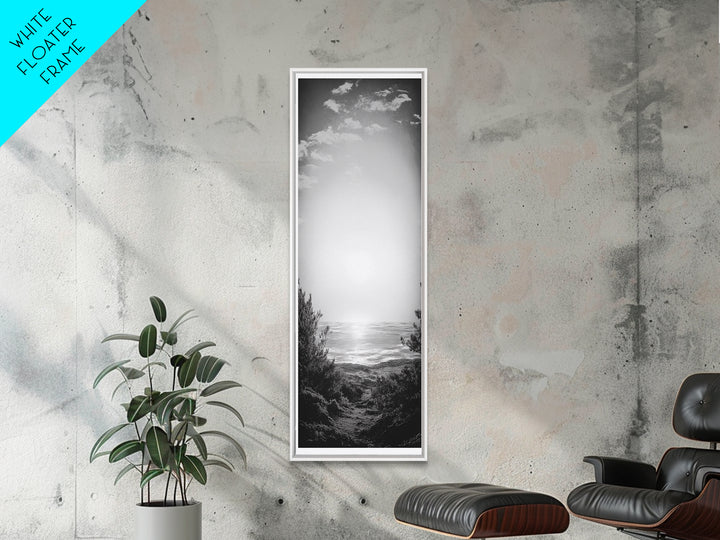 Horizon Glow, Ocean Sunset, Seaside Path, Tranquil Evening Framed Canvas Print, Nature Inspired Bedroom Wall Art, Zen Minimalist Decor