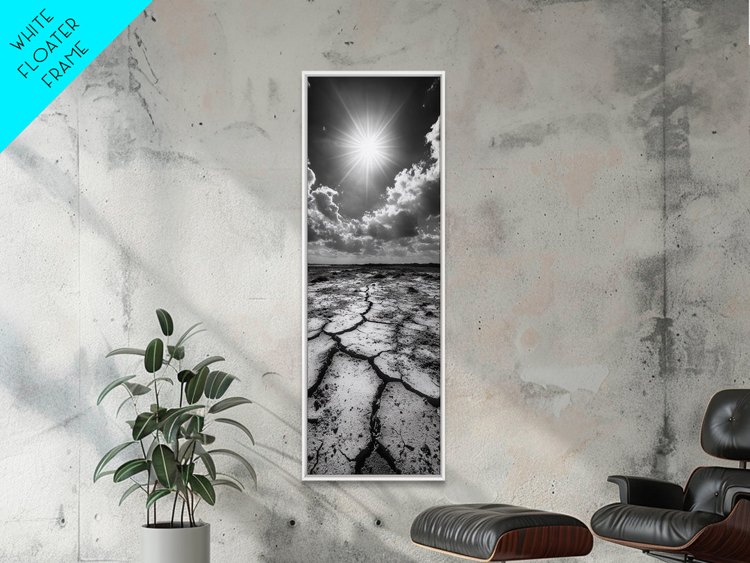 Cracked Earth, Sunburst Sky, Natural Texture, Desert Landscape, Framed Canvas Print, Rustic Decor, Earth Tone Art, Office Wall Art