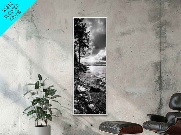 Tree Shoreline, Tranquil Water, Sunset Reflection, Peaceful Horizon, Framed Canvas Print, Nature Photography, Cabin Wall Art
