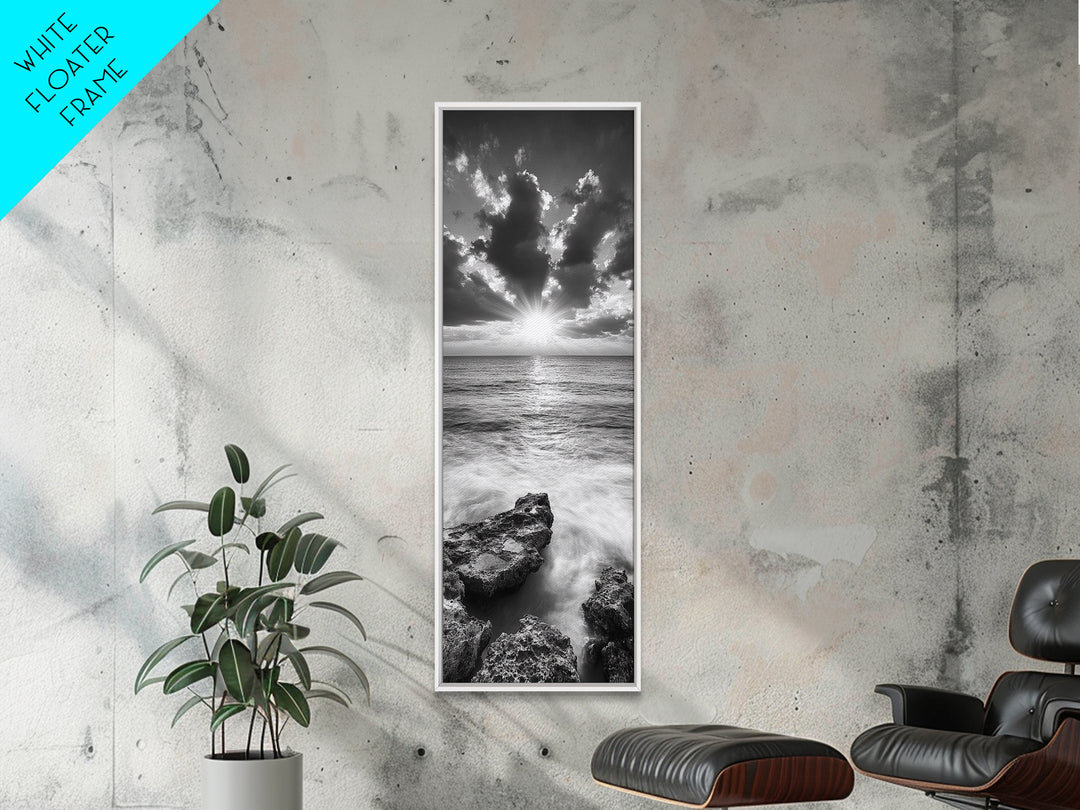 Rocky Sea, Glowing Horizon, Soft Waves, Twilight Sky, Canvas Print, Coastal Art, Living Room Wall Art, Seaside Modern Decor