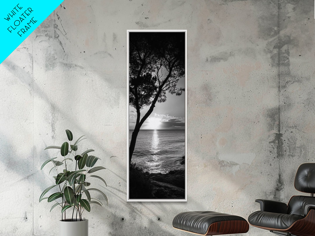 Coastal Tree, Ocean Sunset, Silhouetted Landscape, Peaceful Water, Framed Canvas Print, Nature Art, Bedroom Tranquil Decor