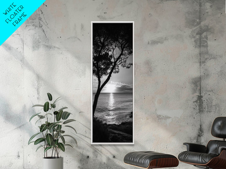 Coastal Tree, Ocean Sunset, Silhouetted Landscape, Peaceful Water, Framed Canvas Print, Nature Art, Bedroom Tranquil Decor