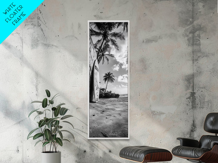Tropical Beach, Surfboard Scene, Coastal Palms, Island Vibes, Canvas Print, Beach House Art, Summer Wall Decor, Boho Style