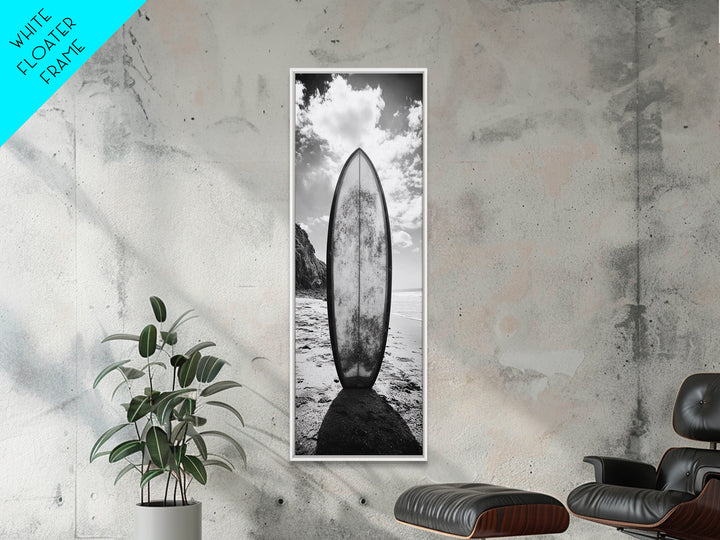 Surfboard Vertical, Sandy Beach, Coastal Rocks, Ocean Horizon, Framed Canvas Print, Surf Art, Dorm Room Decor, Tropical Vibe