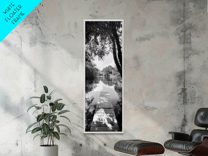 Tranquil Dock, Lake Stillness, Nature Reflection, Forest Retreat, Framed Canvas Print, Cabin Wall Art, Rustic Style, Bedroom Decor