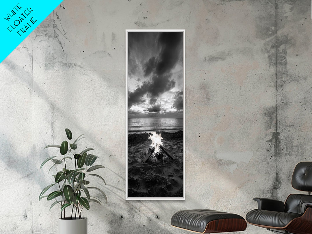 Campfire Glow Dusk, Beach Bonfire, Ocean Sunset Flame, Cozy Evening Mood, Framed Canvas Print, Fall Wall Art, Cabin Living Room Decor