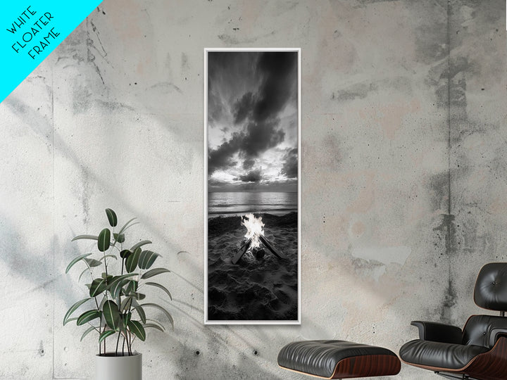 Campfire Glow Dusk, Beach Bonfire, Ocean Sunset Flame, Cozy Evening Mood, Framed Canvas Print, Fall Wall Art, Cabin Living Room Decor