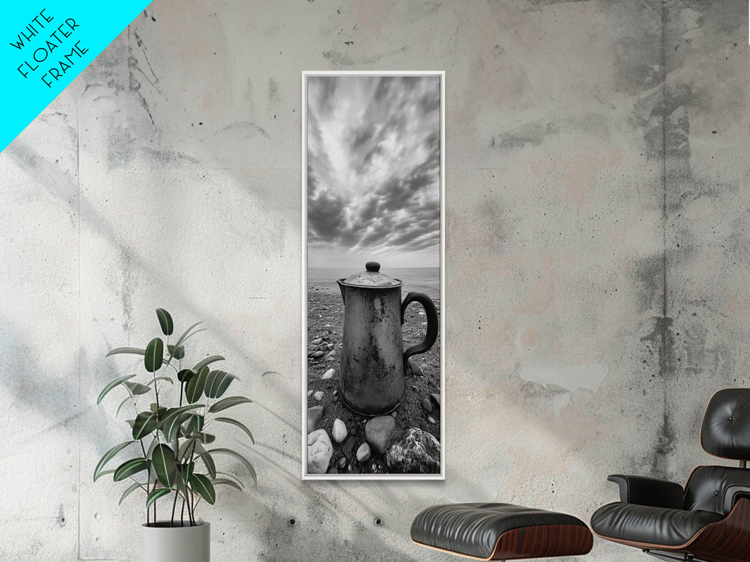 Seaside Coffee Pot, Rustic Beach, Moody Vibes, Framed Canvas Print, Farmhouse Decor, Kitchen Wall Art, Coastal Neutral Artwork