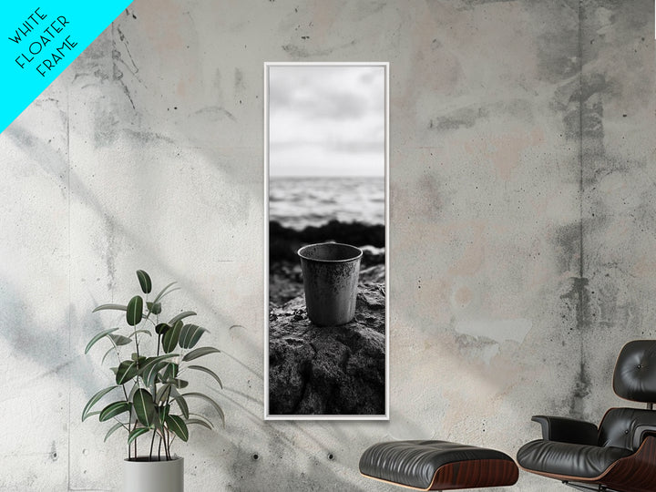 Metal Cup, Shoreline Still Life, Rustic Seaside, Canvas Print, Vintage Aesthetic, Coastal Kitchen Wall Art, Minimal Beach Mood