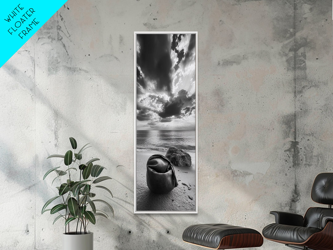 Coastal Bag, Driftwood Rock, Stormy Sea, Framed Canvas Print, Moody Beach Wall Art, Minimalist Decor, Ocean Vibe Photography