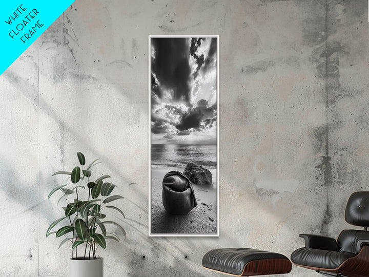 Coastal Bag, Driftwood Rock, Stormy Sea, Framed Canvas Print, Moody Beach Wall Art, Minimalist Decor, Ocean Vibe Photography